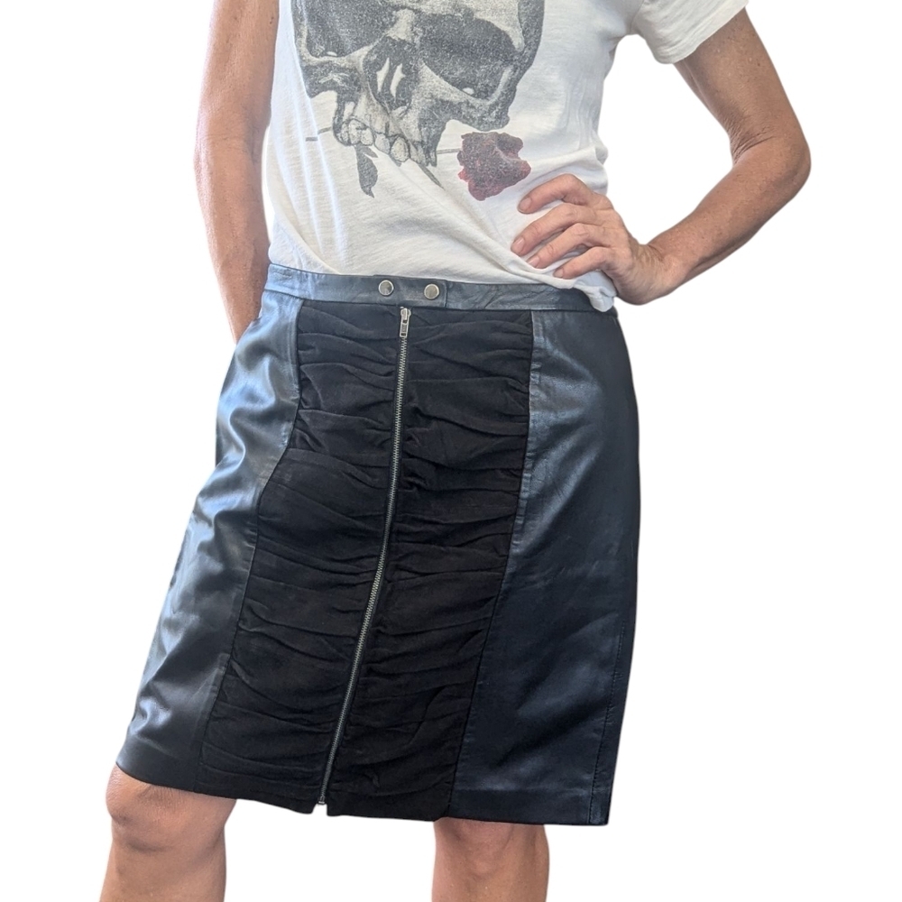Vintage Y2K Cache Black Leather Goat Suede Ruched Zip Skirt 8 NWT